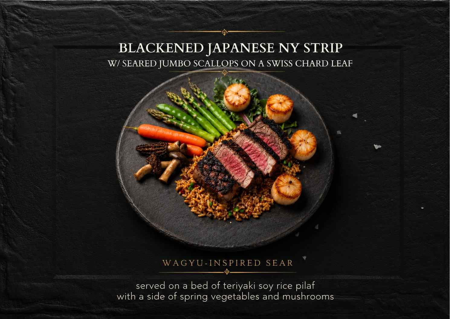 Blackened NY strip steak platter